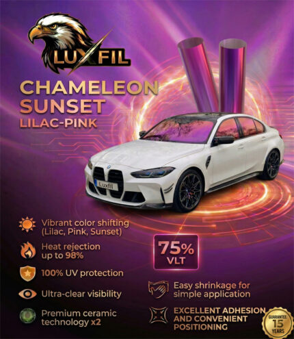 Автомобилно фолио хамелеон Luxfil Chameleon Sunset Lilac-Pink, поставено на бяло BMW M3.